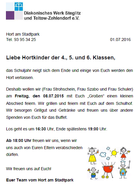 HortAbschied für die „Großen“ Grundschule am Stadtpark Steglitz